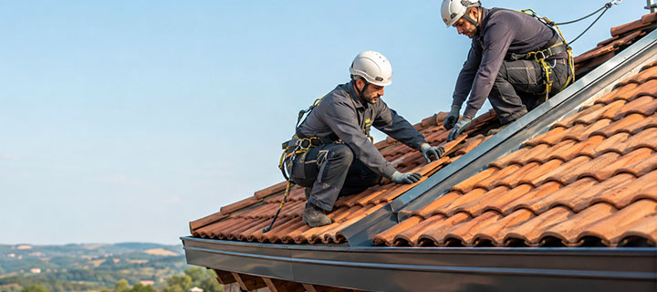 Operatori specializzati eseguono lavori di copertura in sicurezza